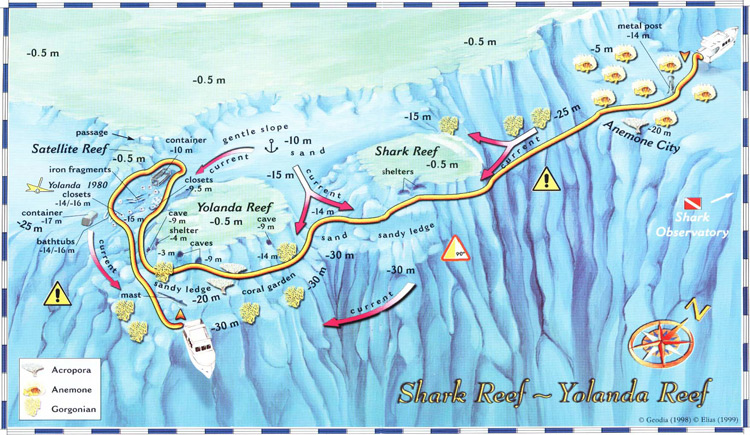 Shark Reef & Yolanda Reef Diving Site Map in Ras Mohamed National Park